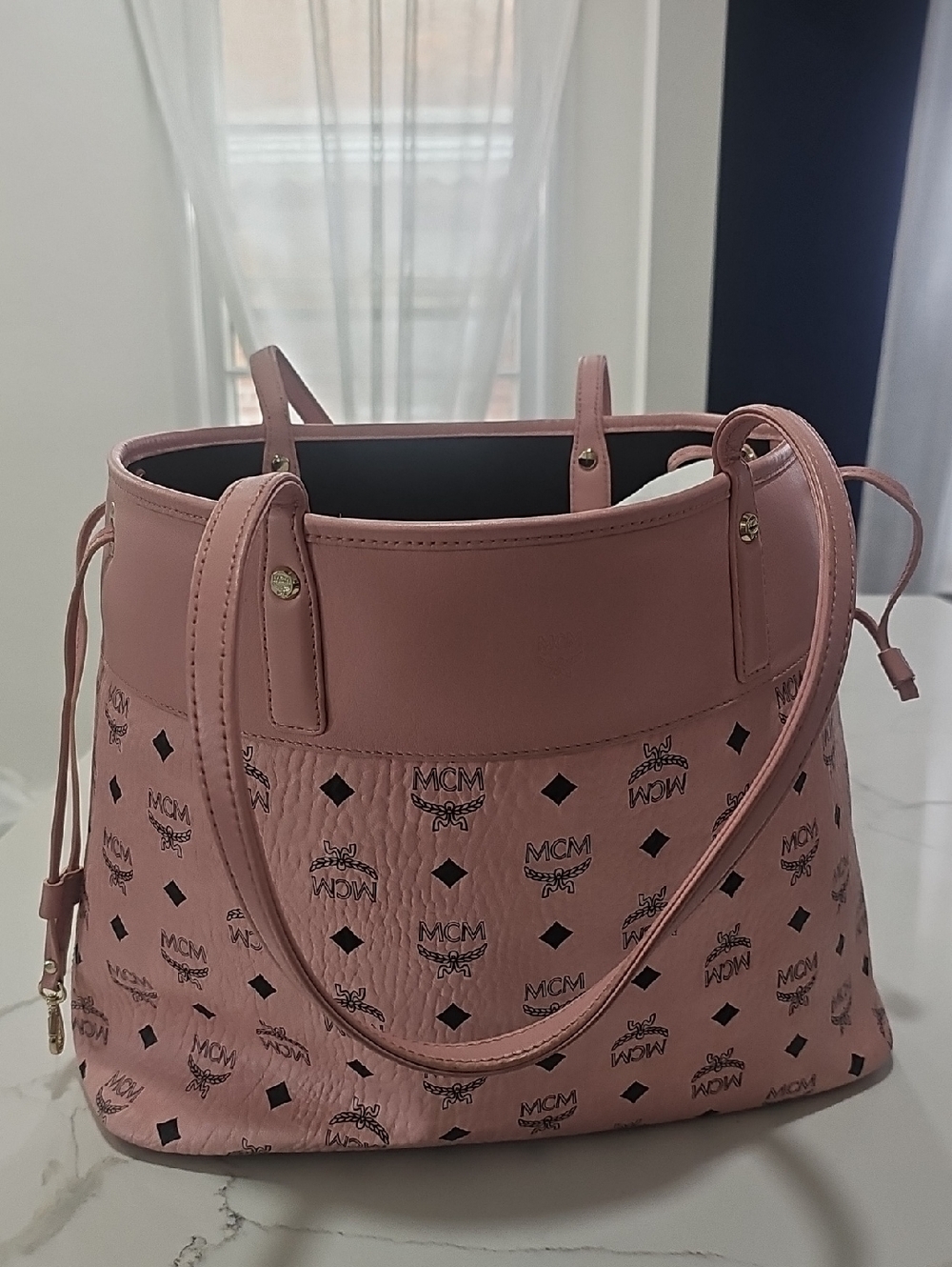 MCM Pink Monogram Tote with Double Shoulder Straps